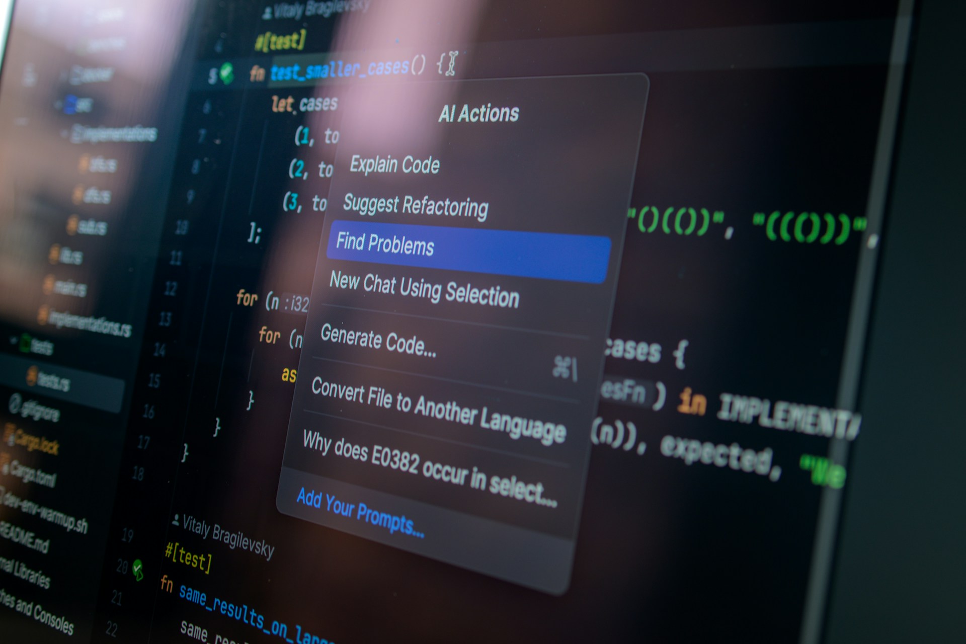 Code editor showing AI-generated code with a context menu open
